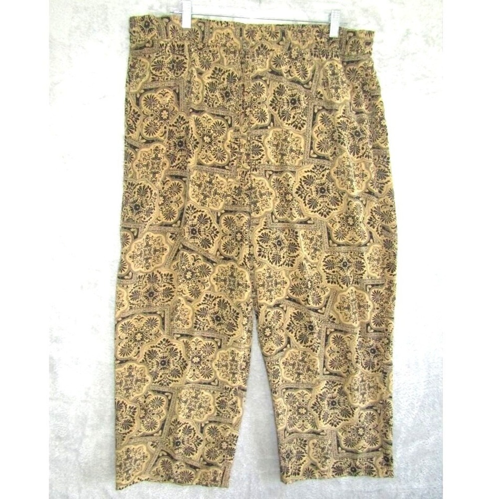 Daniel Field 100% Silk‎ Pants L 14/16 Beige Black Baroque Print Cropped VTG 90s